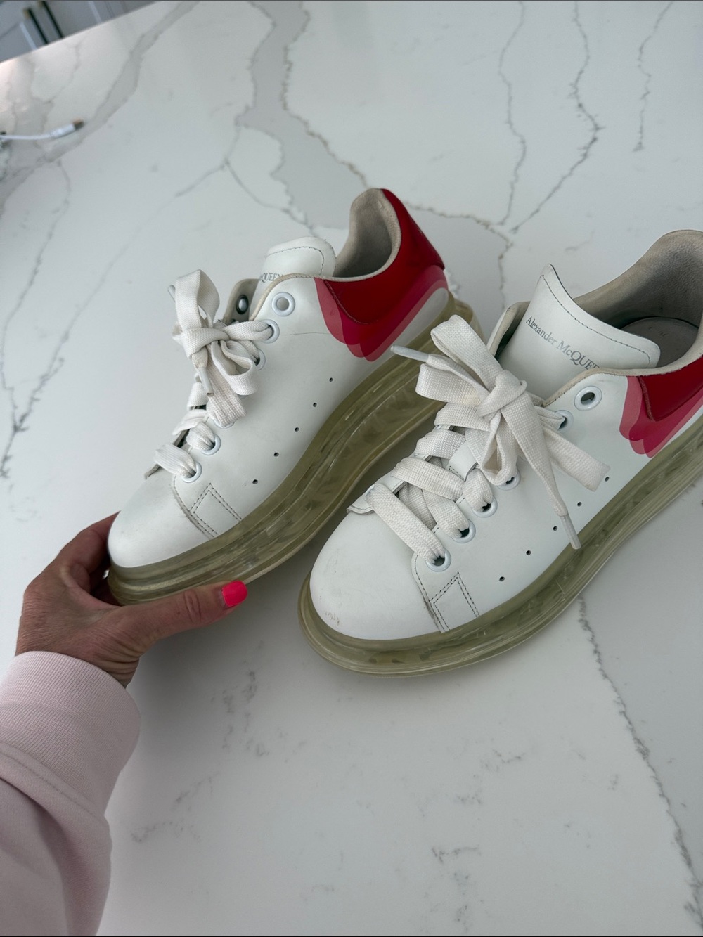 Alexander McQueen White Leather Platform Sneakers with Pink Heel Detail